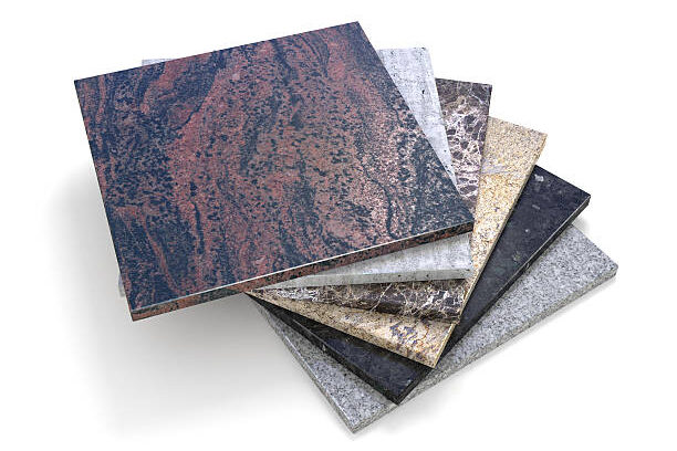 Marble granite samples stack set on white background